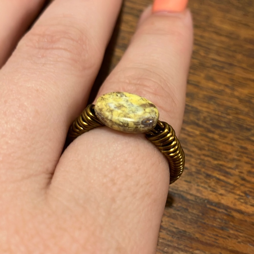Yellow‎ Faux Jasper Wrapped Copper Wire Ring Size 8.5